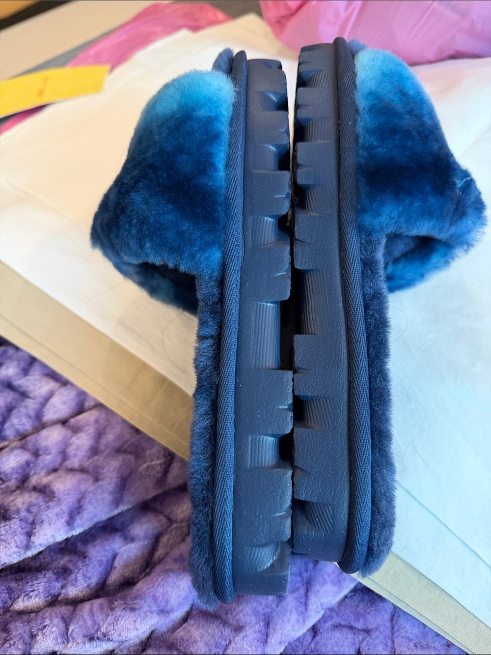 UGG Navy Blue Faux Fur Slide Sandals